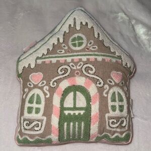 Warm wishes pastel pink gingerbread house pillow
